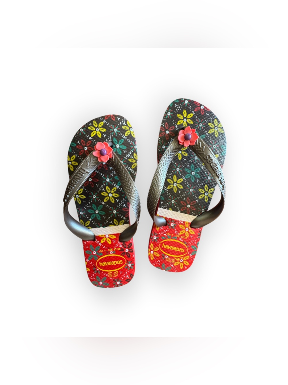 Havaianas Multicolor Floral Flip Flops with Pink Flower Charm